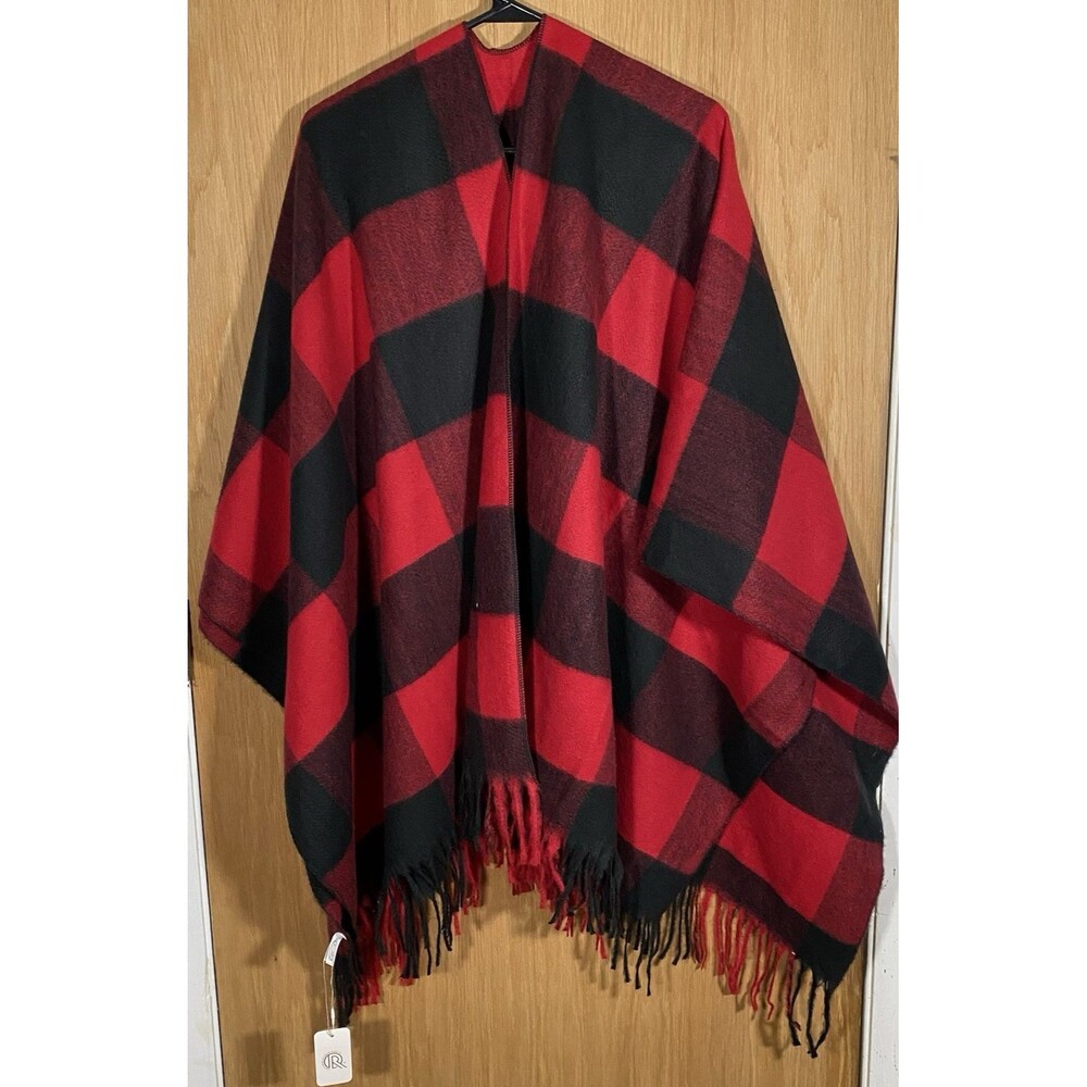 Red Black Buffalo Plaid Blanket Shawl Wrap Fringe Oversized Cozy Winter Cape NWT